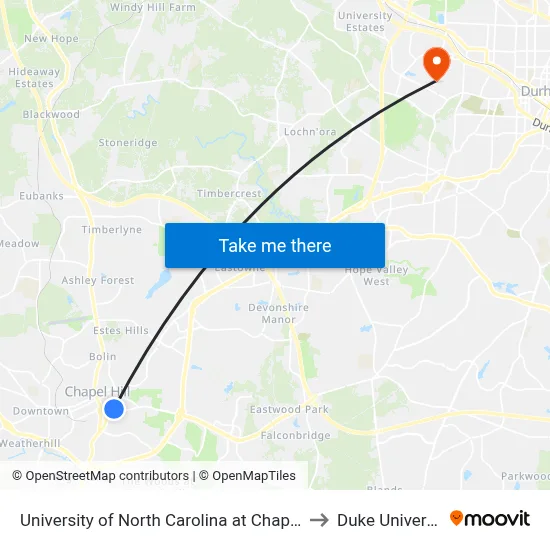 University of North Carolina at Chapel Hill to Duke University map