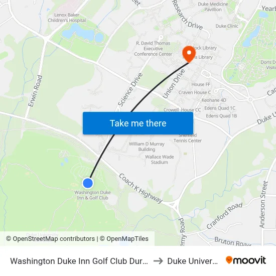 Washington Duke Inn Golf Club Durham to Duke University map