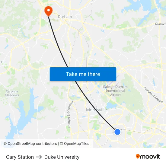 Cary Station to Duke University map