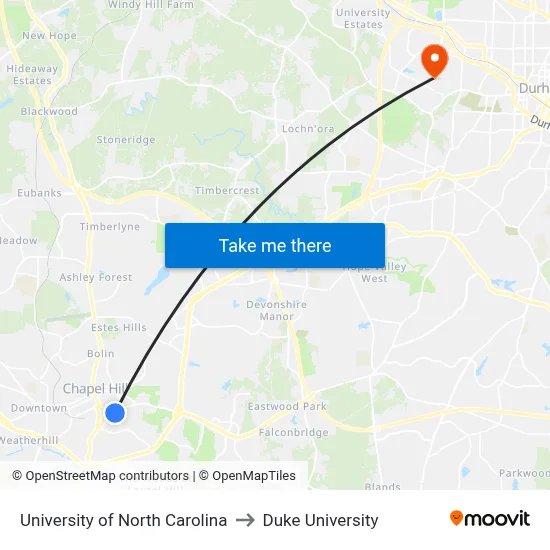 University of North Carolina to Duke University map