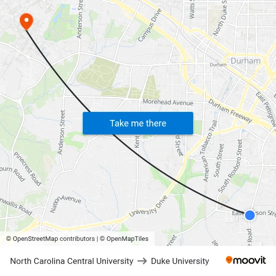 North Carolina Central University to Duke University map