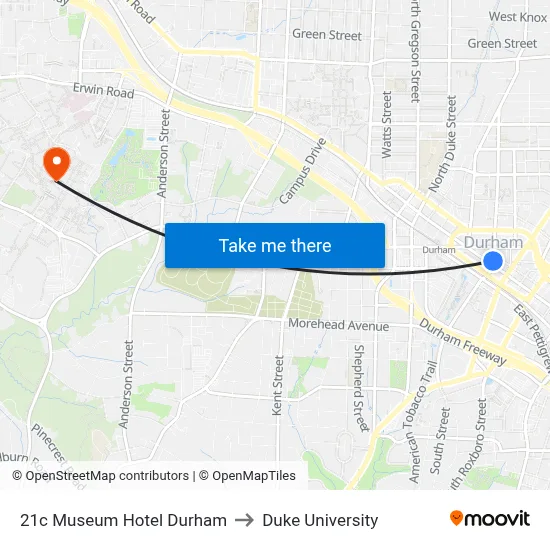 21c Museum Hotel Durham to Duke University map