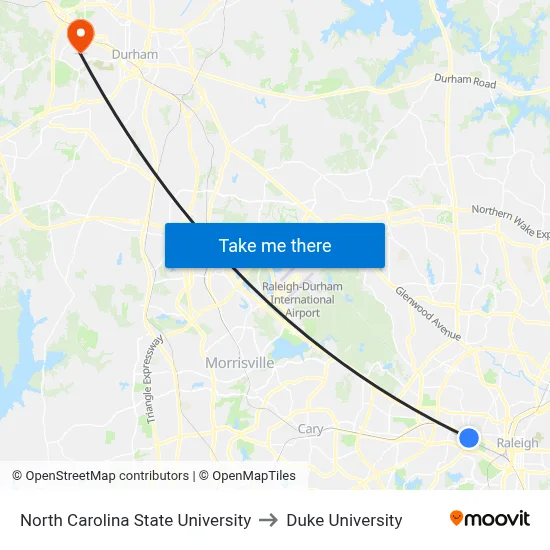North Carolina State University to Duke University map