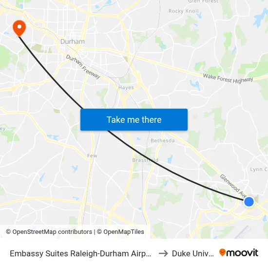Embassy Suites Raleigh-Durham Airport Brier Creek to Duke University map