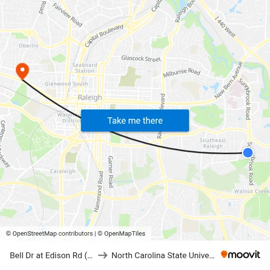 Bell Dr at Edison Rd (Nb) to North Carolina State University map