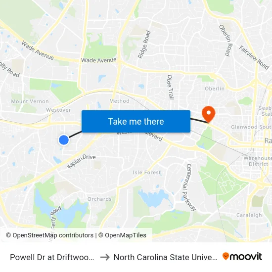 Powell Dr at Driftwood Dr to North Carolina State University map