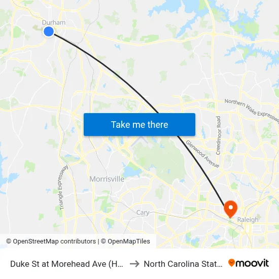 Duke St at Morehead Ave (Henderson Tower to North Carolina State University map
