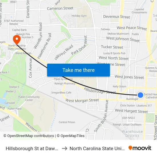 Hillsborough St at Dawson St to North Carolina State University map