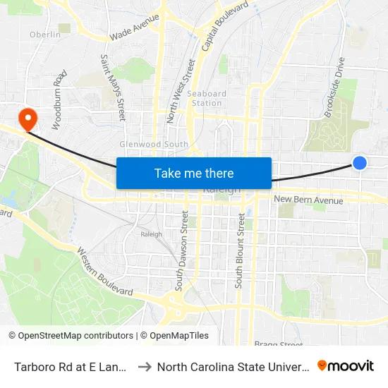 Tarboro Rd at E Lane St to North Carolina State University map