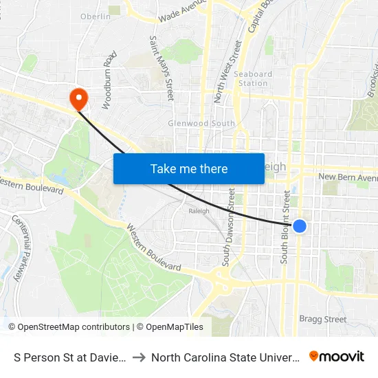 S Person St at Davie St to North Carolina State University map