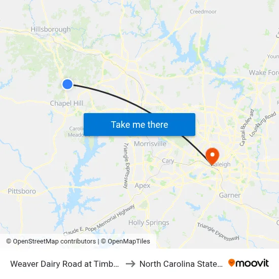 Weaver Dairy Road at Timberlyne Village to North Carolina State University map