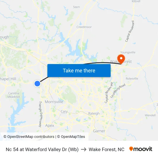 Nc 54 at Waterford Valley Dr (Wb) to Wake Forest, NC map