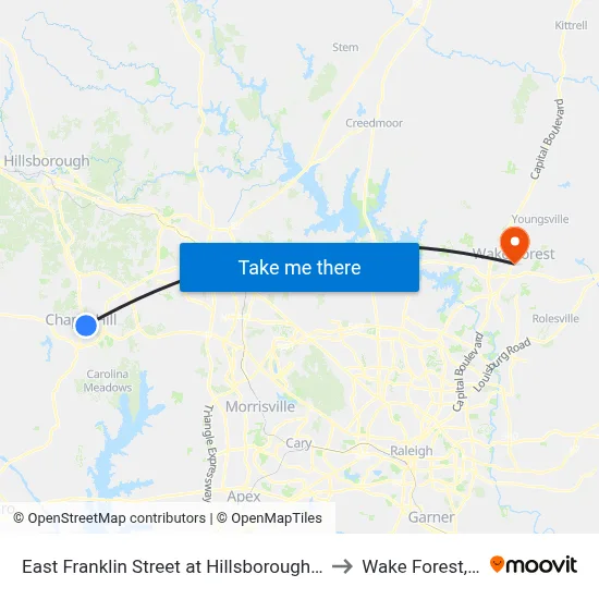 East Franklin Street at Hillsborough Street to Wake Forest, NC map