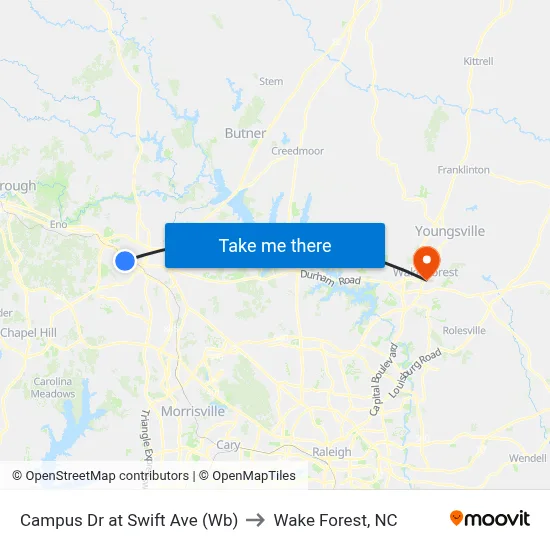Campus Dr at Swift Ave (Wb) to Wake Forest, NC map