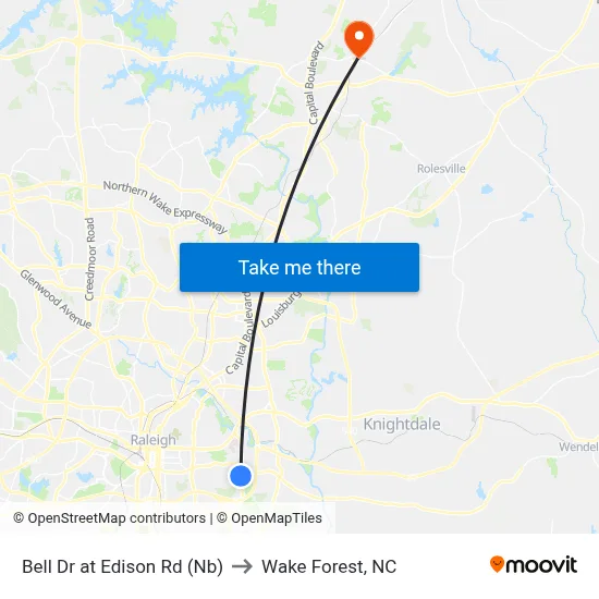Bell Dr at Edison Rd (Nb) to Wake Forest, NC map