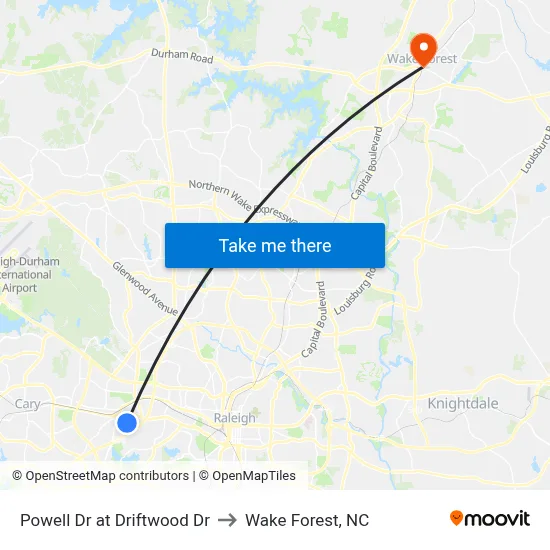 Powell Dr at Driftwood Dr to Wake Forest, NC map