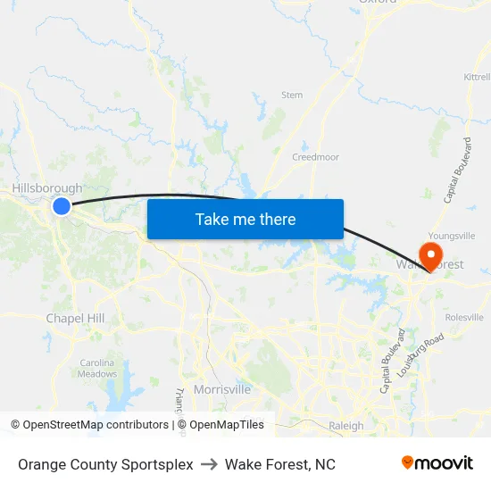 Orange County Sportsplex to Wake Forest, NC map