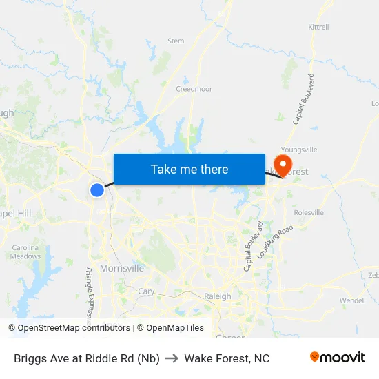 Briggs Ave at Riddle Rd (Nb) to Wake Forest, NC map