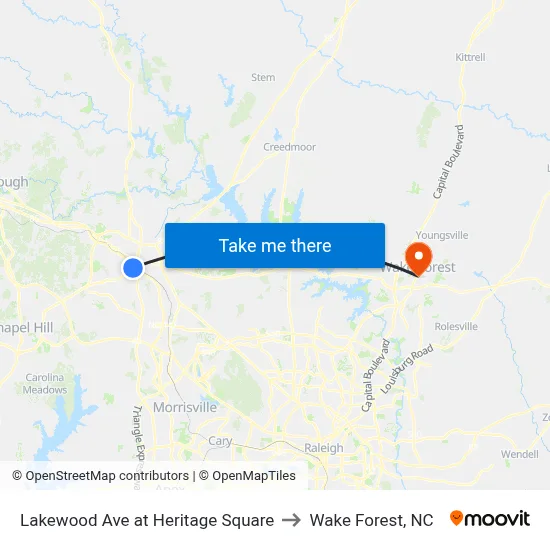 Lakewood Ave at Heritage Square to Wake Forest, NC map