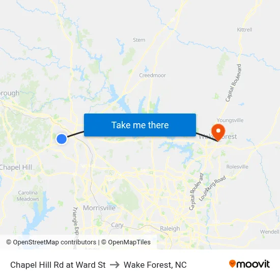 Chapel Hill Rd at Ward St to Wake Forest, NC map