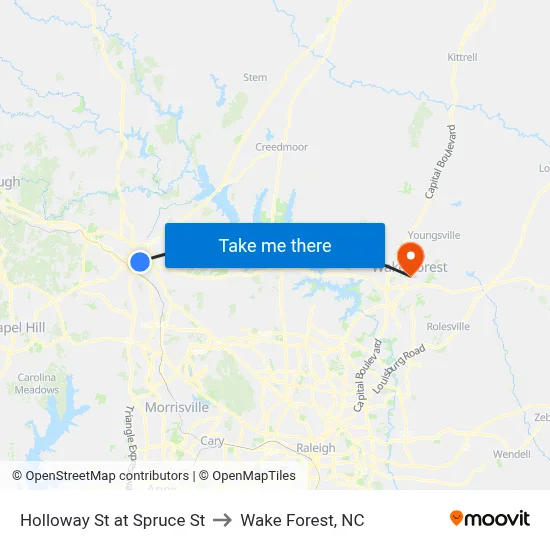 Holloway St at Spruce St to Wake Forest, NC map