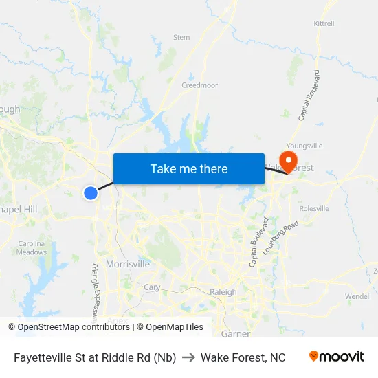 Fayetteville St at Riddle Rd (Nb) to Wake Forest, NC map
