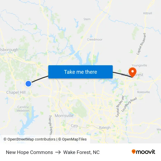New Hope Commons to Wake Forest, NC map