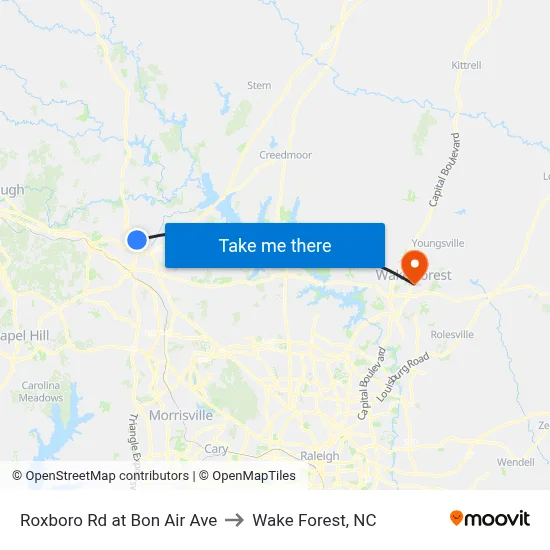 Roxboro Rd at Bon Air Ave to Wake Forest, NC map