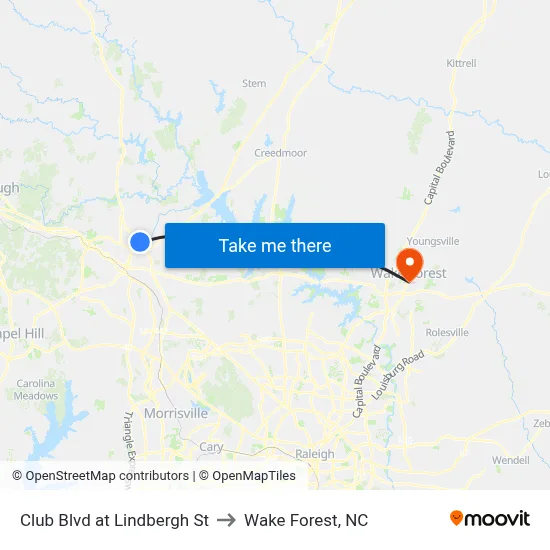 Club Blvd at Lindbergh St to Wake Forest, NC map