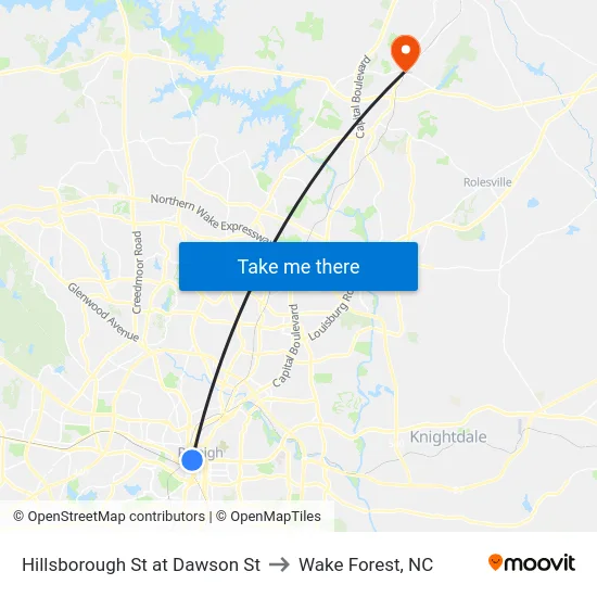 Hillsborough St at Dawson St to Wake Forest, NC map