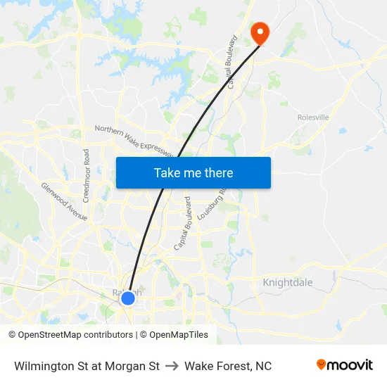 Wilmington St at Morgan St to Wake Forest, NC map