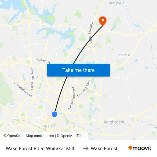 Wake Forest Rd at Whitaker Mill Rd to Wake Forest, NC map