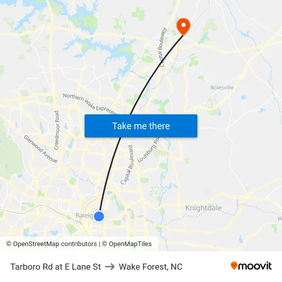 Tarboro Rd at E Lane St to Wake Forest, NC map