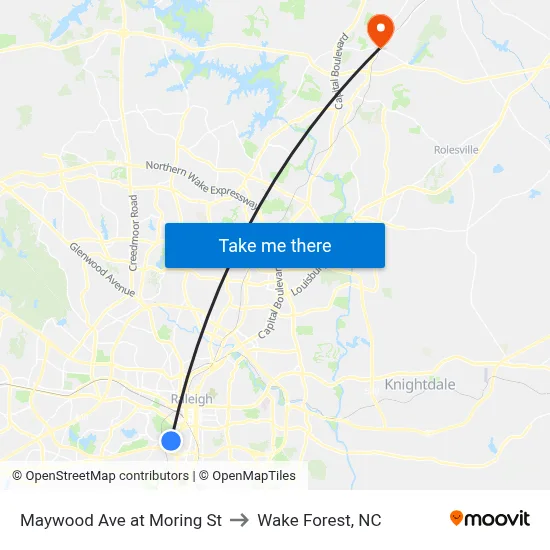 Maywood Ave at Moring St to Wake Forest, NC map