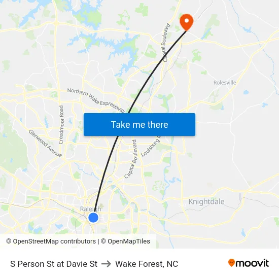 S Person St at Davie St to Wake Forest, NC map