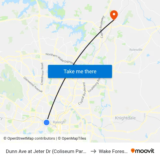 Dunn Ave at Jeter Dr (Coliseum Parking Deck) to Wake Forest, NC map