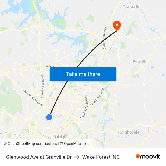 Glenwood Ave at Granville Dr to Wake Forest, NC map