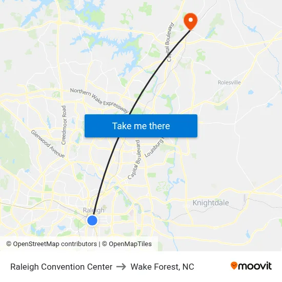 Raleigh Convention Center to Wake Forest, NC map
