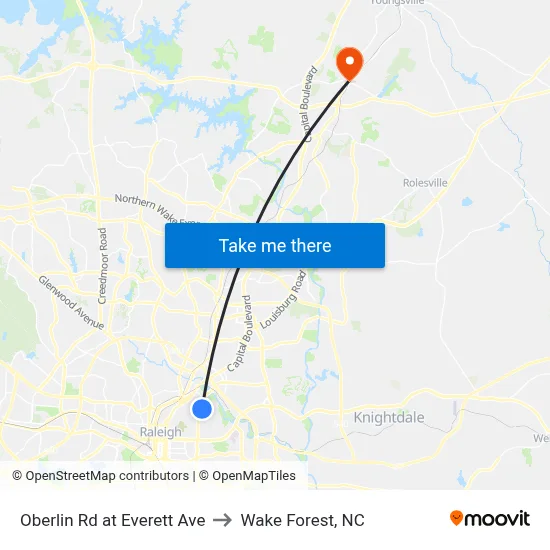 Oberlin Rd at Everett Ave to Wake Forest, NC map