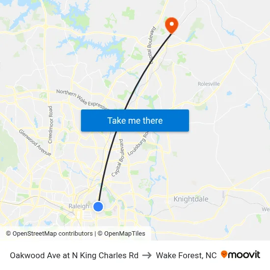 Oakwood Ave at N King Charles Rd to Wake Forest, NC map