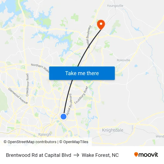 Brentwood Rd at Capital Blvd to Wake Forest, NC map
