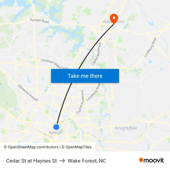Cedar St at Haynes St to Wake Forest, NC map