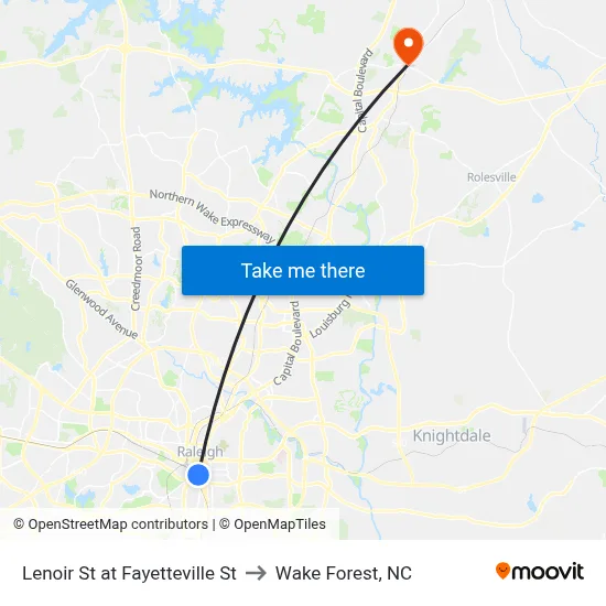 Lenoir St at Fayetteville St to Wake Forest, NC map