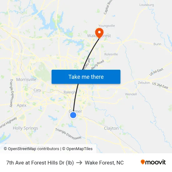 7th Ave at Forest Hills Dr (Ib) to Wake Forest, NC map