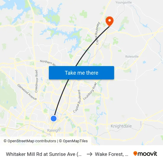 Whitaker Mill Rd at Sunrise Ave (Ob) to Wake Forest, NC map