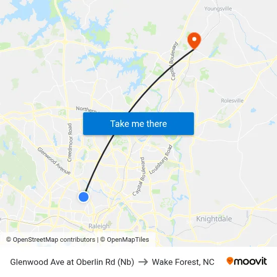 Glenwood Ave at Oberlin Rd (Nb) to Wake Forest, NC map