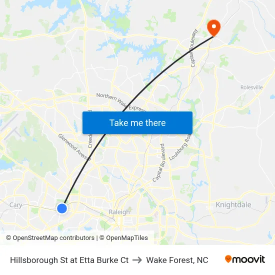 Hillsborough St at Etta Burke Ct to Wake Forest, NC map