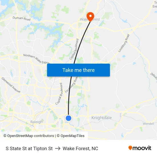 S State St at Tipton St to Wake Forest, NC map