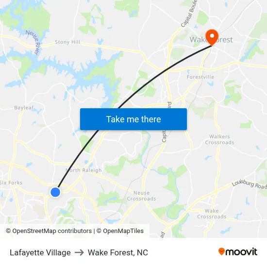 Lafayette Village to Wake Forest, NC map