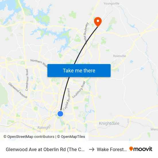 Glenwood Ave at Oberlin Rd (The Carolinian) to Wake Forest, NC map